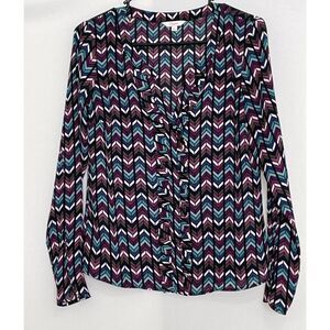 Candie's‎ Top Low V Cut  Button Up Shirt Blouse Long Sleeves Sexy Chevron Art SM